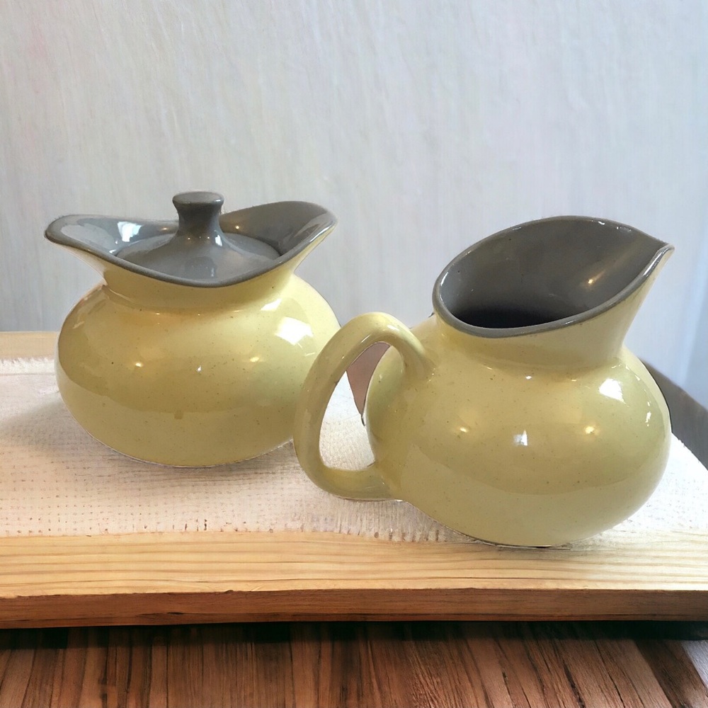 Harker USA Pottery Covered Sugar And Creamer Set Golden Dawn Yellow Gray MCM
